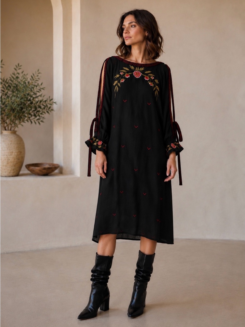 Savage Culture Boho Embroidered Midi Dress Black Floral Cutout Sleeve M